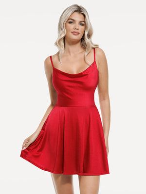 Strappy Cowl Neck Shaping Flare Dress - Red