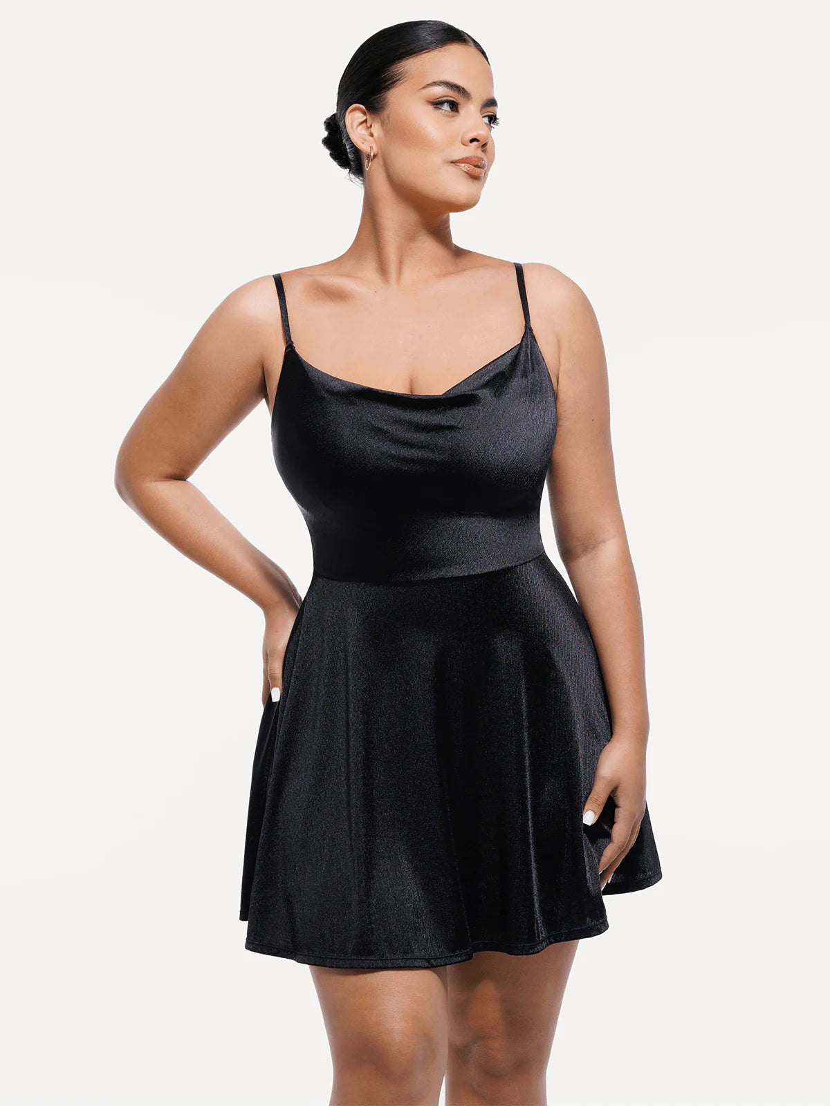 popilush black dress Strappy Cowl Neck Shaping Flare Dress - Black
