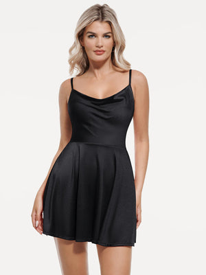 Strappy Cowl Neck Shaping Flare Dress - Black
