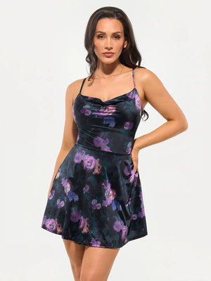 Strappy Cowl Neck Shaping Flare Dress - Black/Floral