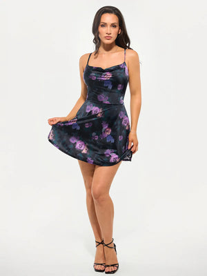 Strappy Cowl Neck Shaping Flare Dress - Black/Floral