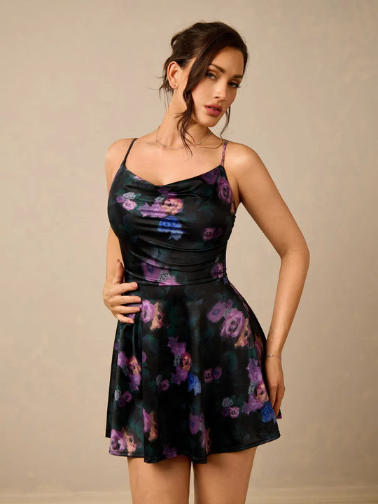 Strappy Cowl Neck Shaping Flare Dress - Black/Floral