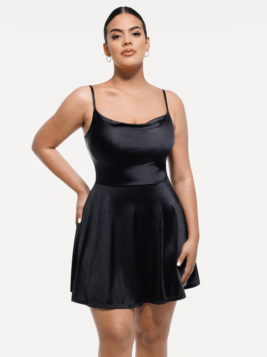 Strappy Cowl Neck Shaping Flare Dress - Black