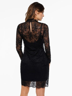 2 in 1 Mock Floral Lace Sculpting Dress - Black