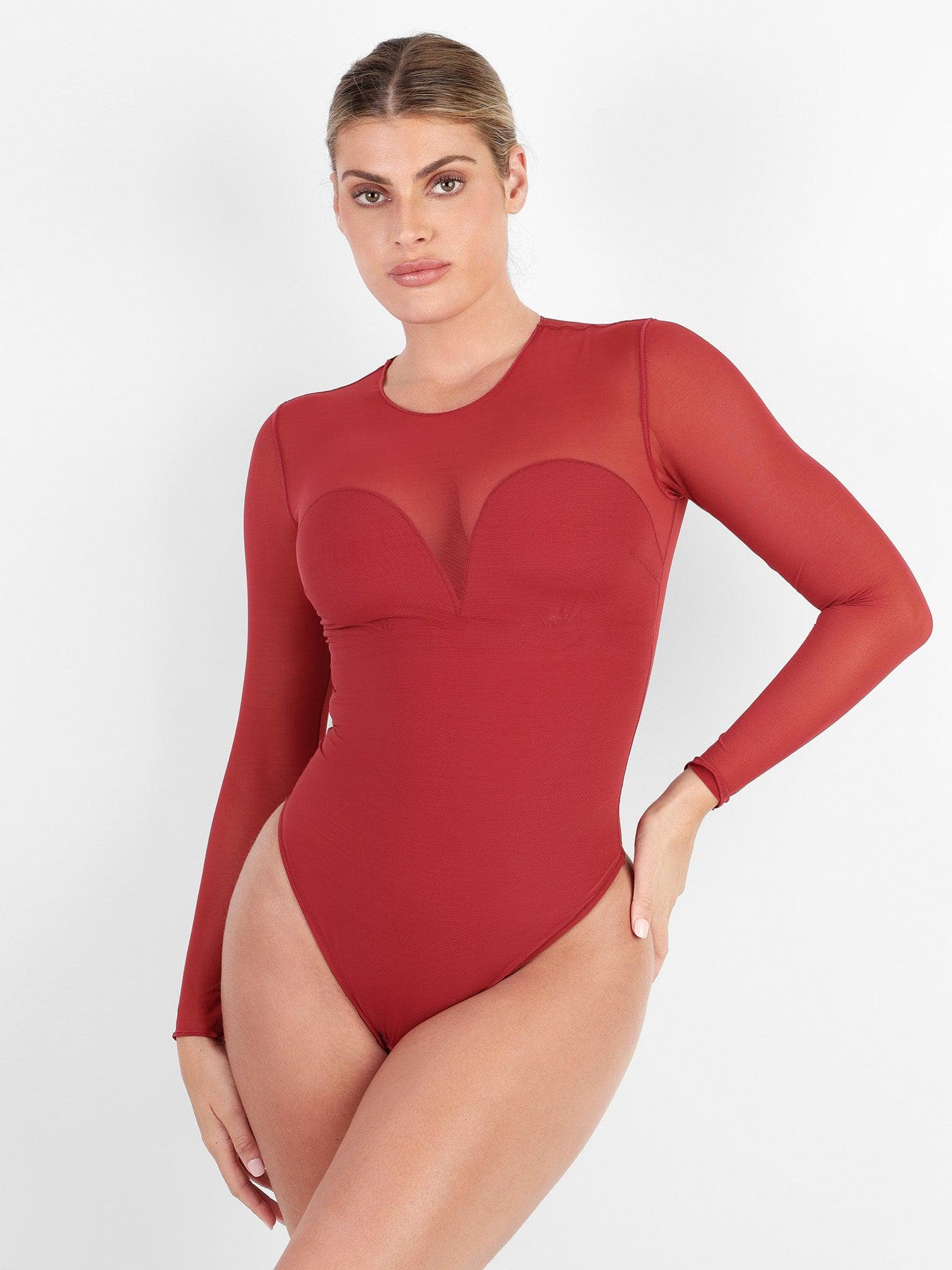 Mesh Long Sleeve Shaping Bodysuit - Wine