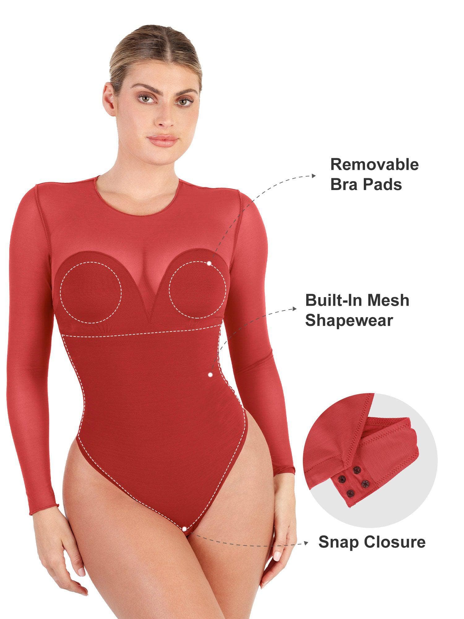 Mesh Long Sleeve Shaping Bodysuit - Wine