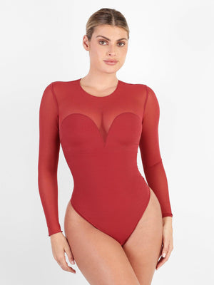 Mesh Long Sleeve Shaping Bodysuit - Wine