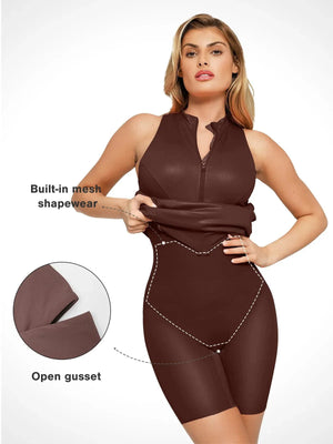 Built-In Shapewear Faux Leather Mock Neck Zip Midi Dress - Espresso