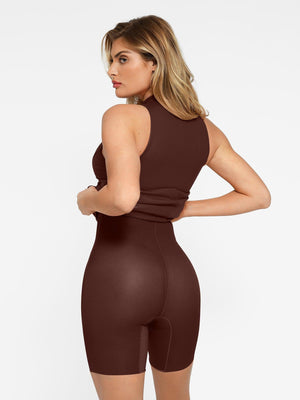 Built-In Shapewear Faux Leather Mock Neck Zip Midi Dress - Espresso