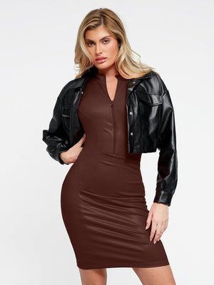 Built-In Shapewear Faux Leather Mock Neck Zip Midi Dress - Espresso