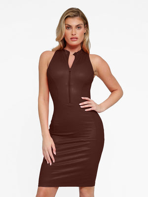 Built-In Shapewear Faux Leather Mock Neck Zip Midi Dress - Espresso