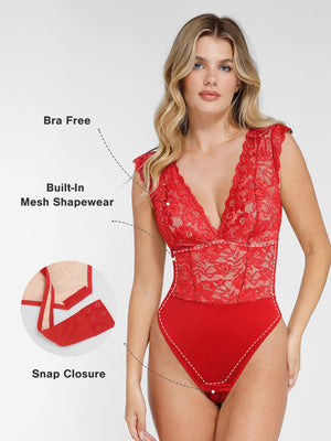 Sculpted Lace Shapewear Bodysuit - Red