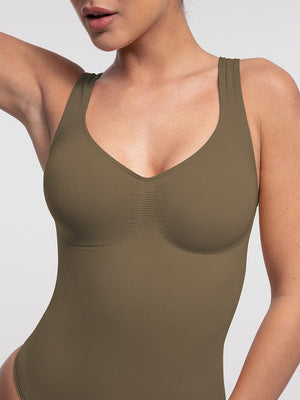 V-Neck Sleeveless Bodysuit - Seamless Shapewear - Olive