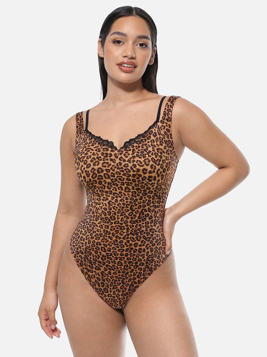 Leopard Print Lace Front Shaping Bodysuit - Shapewear - Leopard