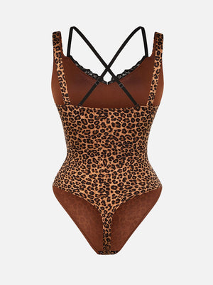 Leopard Print Lace Front Shaping Bodysuit - Shapewear - Leopard