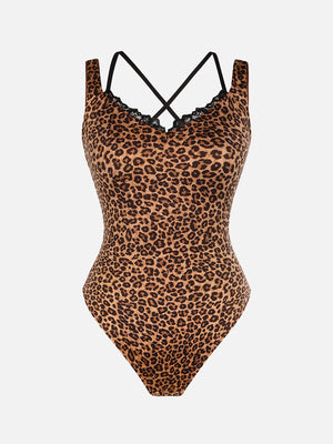 Leopard Print Lace Front Shaping Bodysuit - Shapewear - Leopard