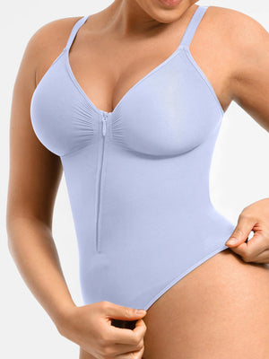 Seamless Plunge Zip Bodysuit with Interior Clips - Shapewear - Sky