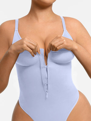 Seamless Plunge Zip Bodysuit with Interior Clips - Shapewear - Sky
