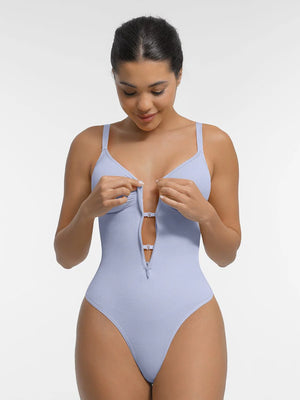 Seamless Plunge Zip Bodysuit with Interior Clips - Shapewear - Sky