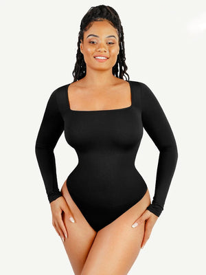 Square Neck Longsleeve Bodysuit - Shapewear - Black
