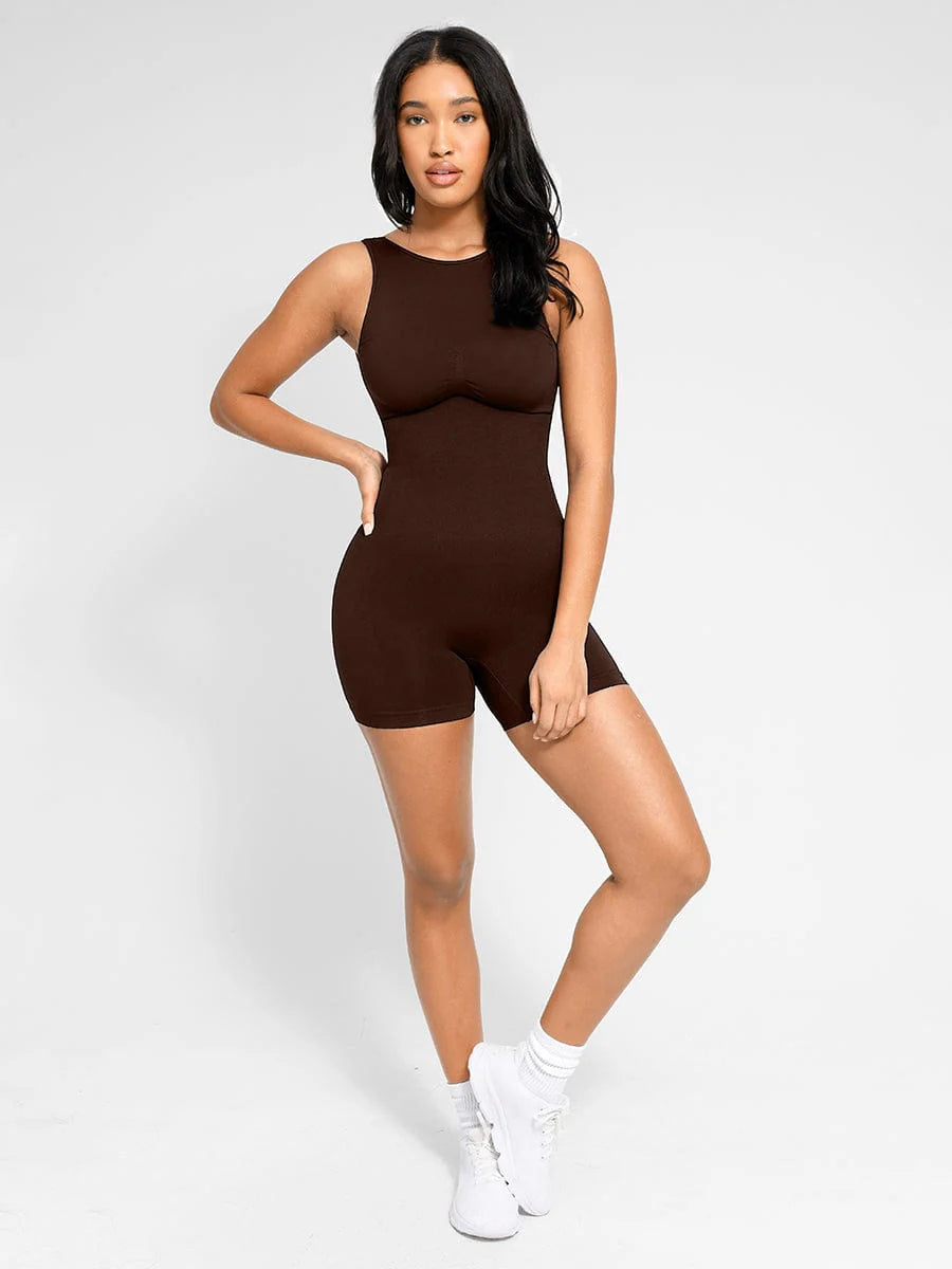 Sleeveless Scoop Back Short Jumpsuit - Seamless Shaping - Espresso