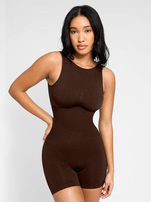 Sleeveless Scoop Back Short Jumpsuit - Seamless Shaping - Espresso
