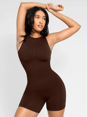 Sleeveless Scoop Back Short Jumpsuit - Seamless Shaping - Espresso