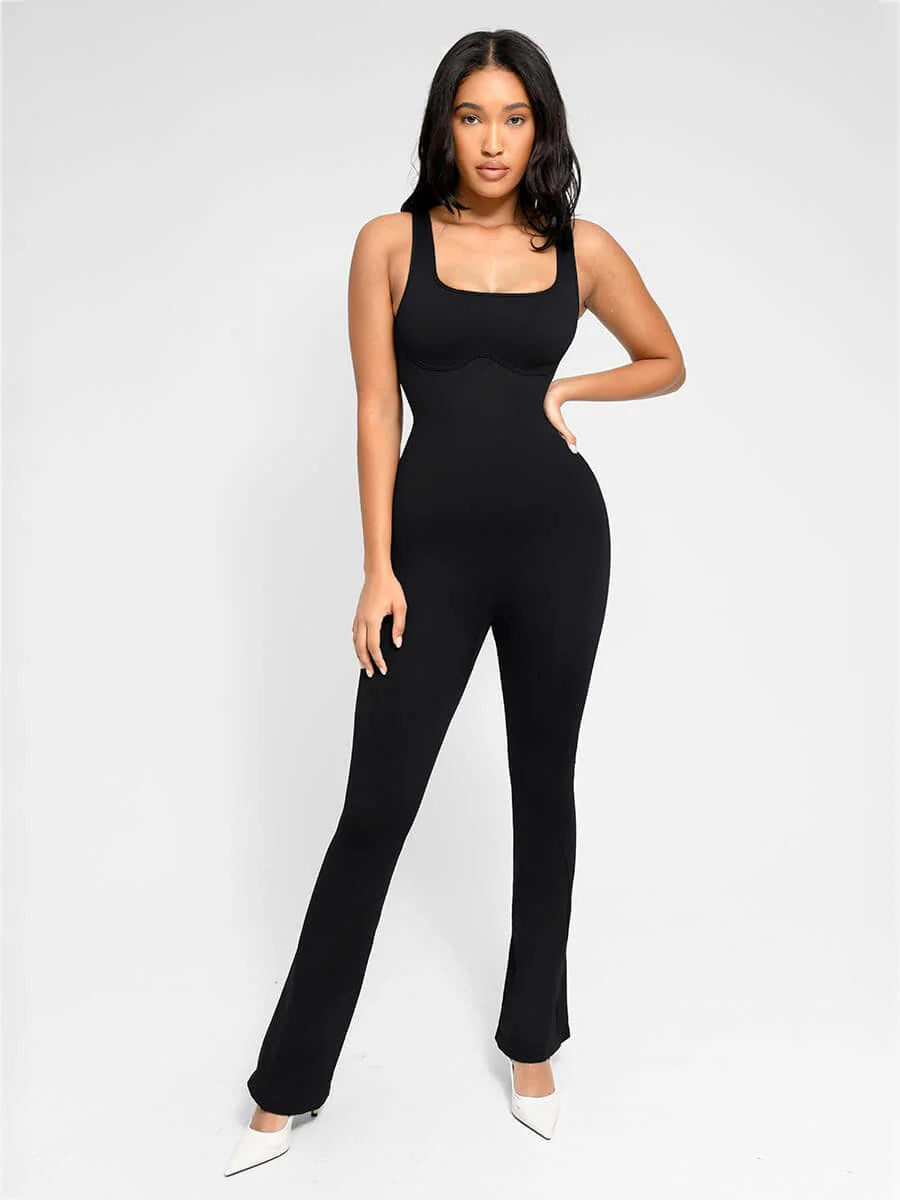Seamless Square Neck Flared Jumpsuit - Black