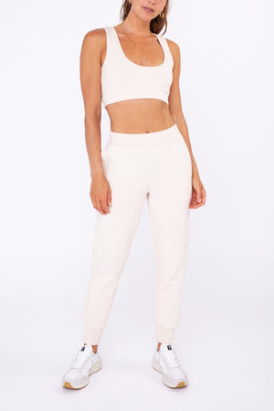 High Rise Jogger Pants - Quilted Detailing - Cream