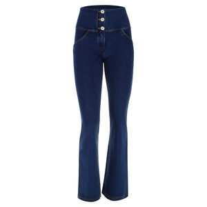 WR.UP® Denim - High Rise 3 Button Flare - Dark Rinse + Yellow Stitching