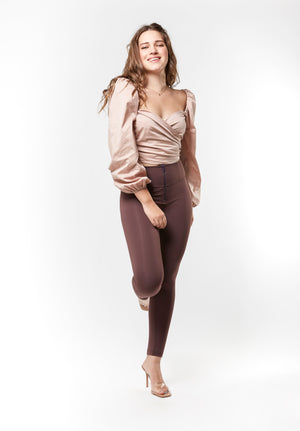 Cropped Wrap Top - Long Puff Sleeve - Mauve