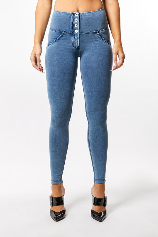 WR.UP® Denim - High Rise Full Length 4 Button - Light Blue Rinse + Blue Stitching
