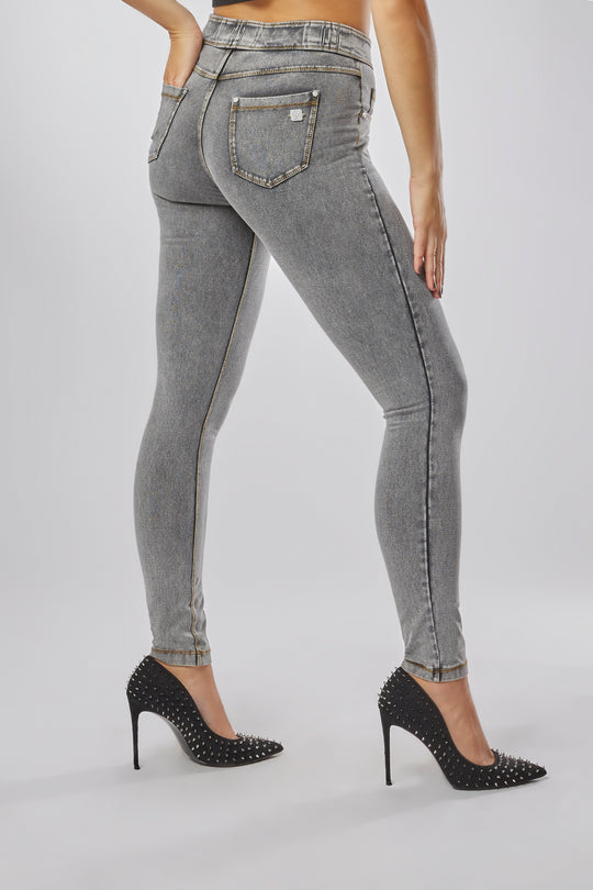 N.O.W.® Denim - High Rise Full Length Hidden Belt Loops - Grey Rinse + Yellow Stitching