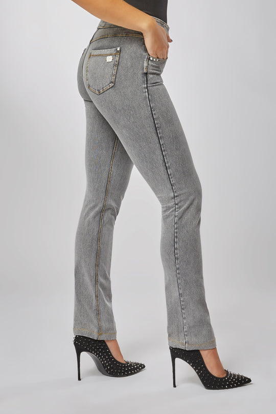 N.O.W.® Denim - High Rise Full Length Straight Leg - Grey Rinse + Yellow Stitching