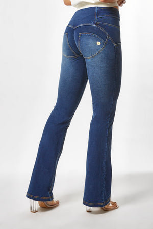 WR.UP® Denim - High Rise Full Length Flare Knotted Belt - Dark Rinse & Yellow Stitching