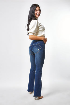WR.UP® Denim - High Rise Full Length Flare Knotted Belt - Dark Rinse & Yellow Stitching