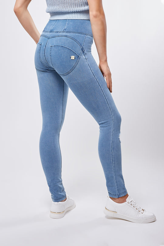 WR.UP® Distressed Denim - High Rise Full Length - Light Blue Rinse + Blue Stitching