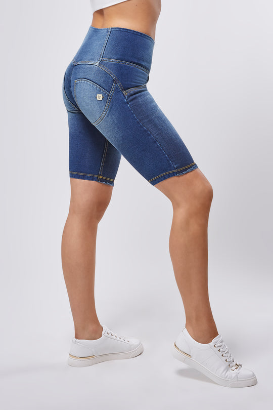 WR.UP® Denim Biker Shorts - High Rise 3 button - Dark Rinse + Yellow Stitching