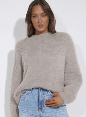 Cozi Knit Sweater - Soft Fuzzy Knit - Light Grey