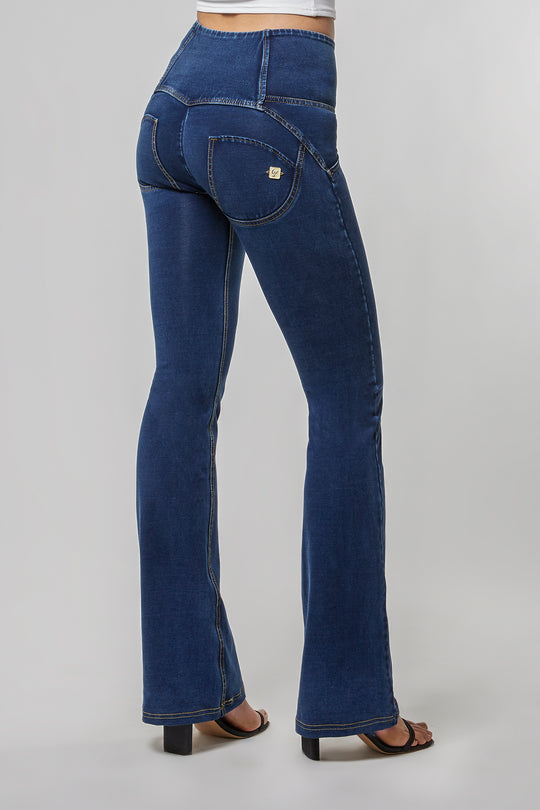 WR.UP® Denim - High Rise 3 Button Flare - Dark Rinse + Yellow Stitching