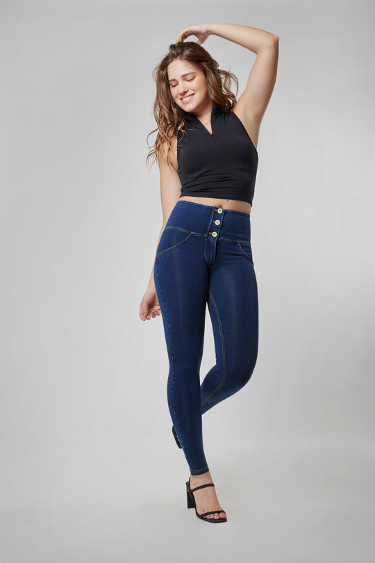 WR.UP® Denim - High Rise 3 Button Full Length - Dark Rinse + Yellow Stitching