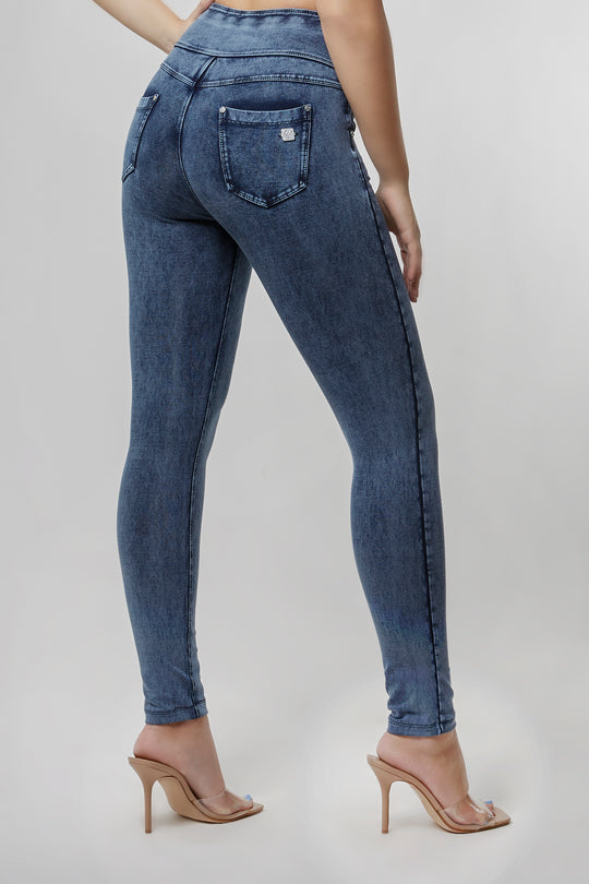 N.O.W.® YOGA Denim - High Rise 3 Button Full Length - Blue Marble Rinse