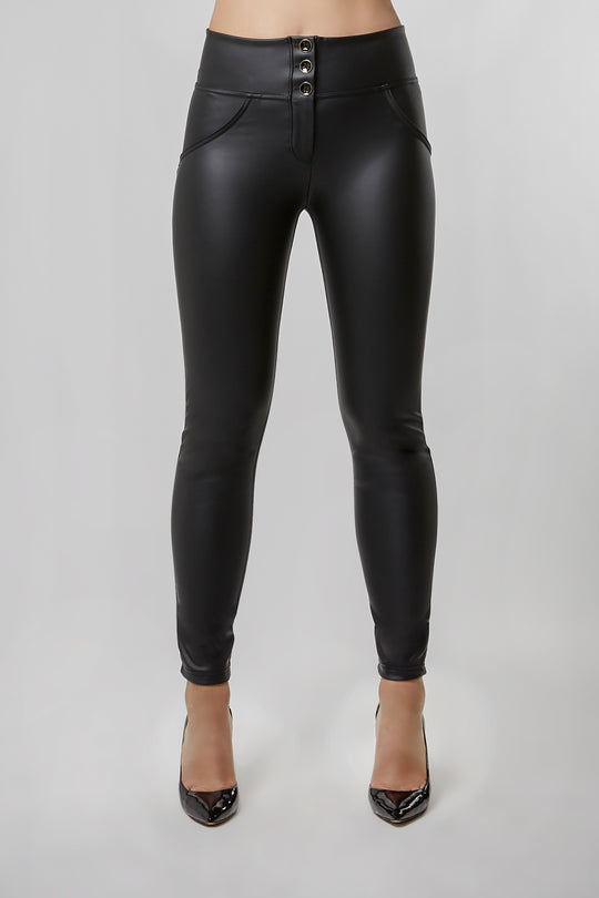 WR.UP® Leather - Mid Rise 3 Gold Buttons Full Length - Black