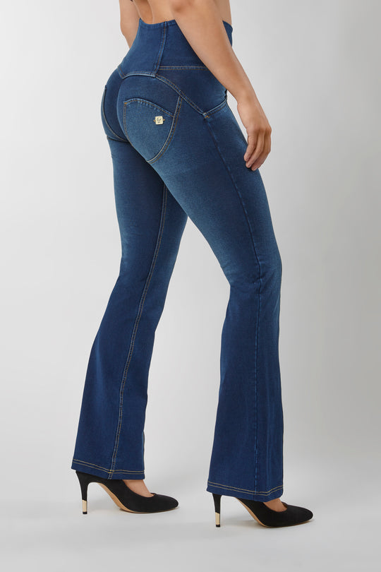 WR.UP® Denim - High Rise 3 Button Flare Front Seam  - Dark Rinse + Yellow Stitching