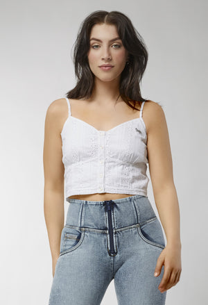 Camisole Top - Cropped Floral Details - White Floral