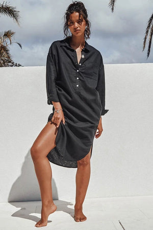 Bella Shirt Dress - Long Sleeve Collared Midi - Black