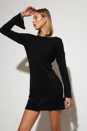 Amber Knit Mini Dress - Bell Sleeves - Black