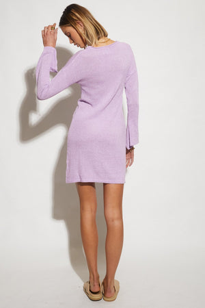 Amber Knit Mini Dress - Bell Sleeves - Lilac