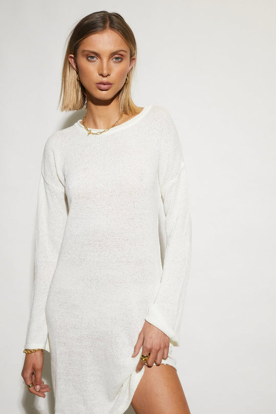 Amber Knit Mini Dress - Bell Sleeves - White