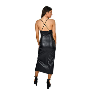 Vegan Leather Dress - Side Slit - Black